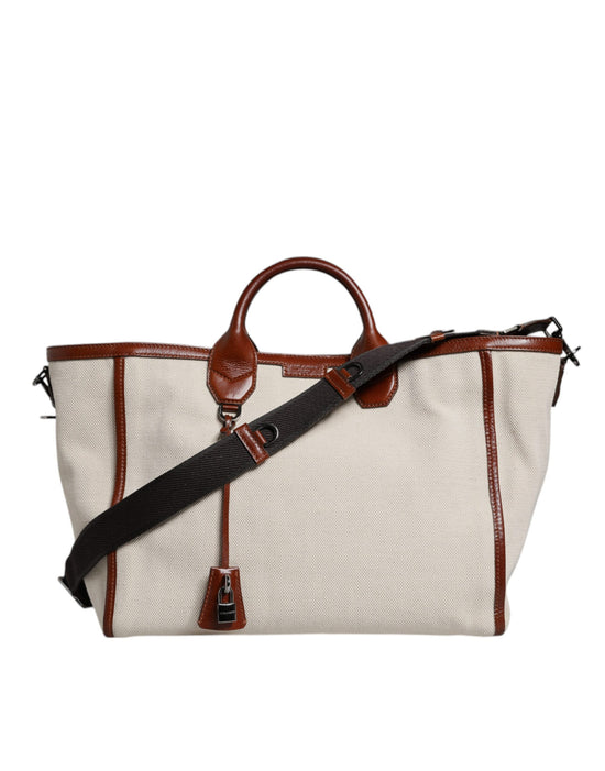 Dolce & Gabbana Beige Brown Cotton Leather Duffle Shoulder Bag