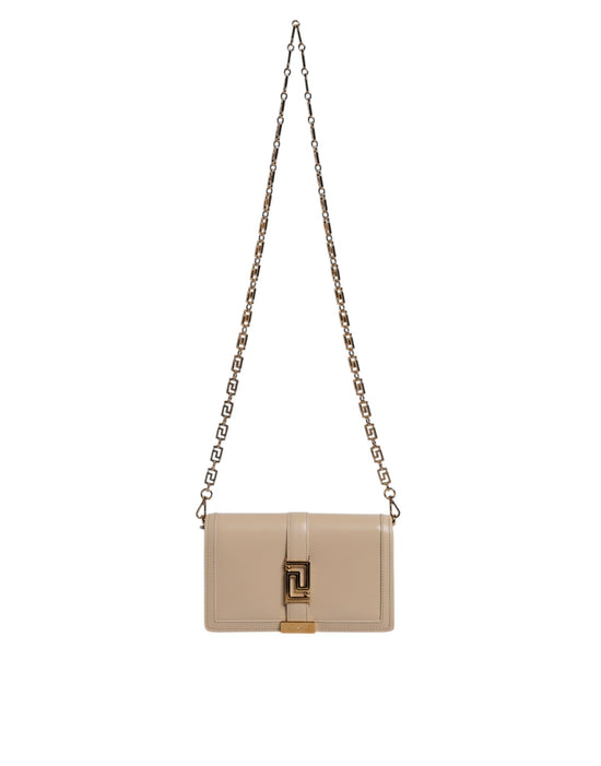 Versace Beige Gold Chain Calf Leather Wallet Crossbody Bag
