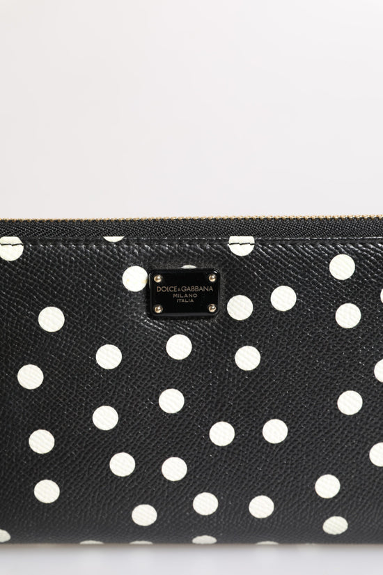 Dolce & Gabbana Black White Dotted Leather Zip Around Continental Wallet