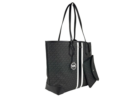 Michael Kors Eva Large Stripe Travel Tote Bag Plus Pouch Black