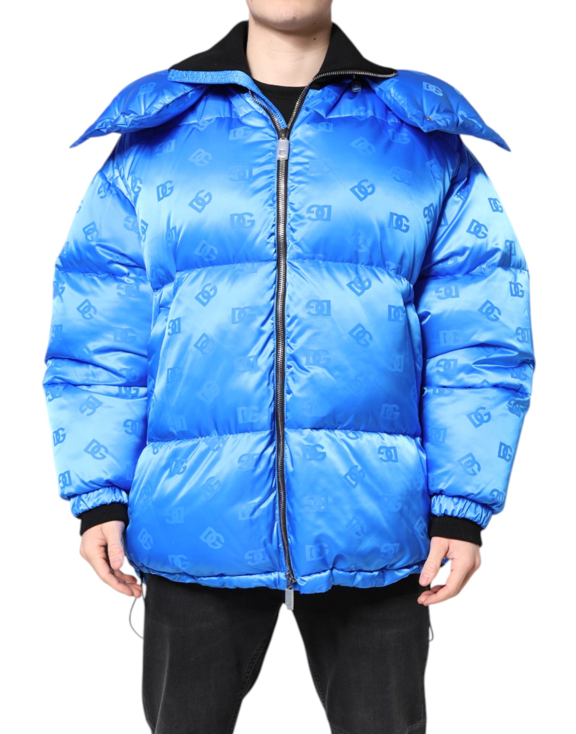 Dolce & Gabbana Blue Logo Full Zip Hooded Quilted Jacket
