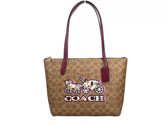 COACH COACH Signature Canvas Fiona Zip Tote Bag Brown