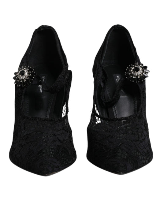 Dolce & Gabbana 39.5 Dolce & Gabbana Black Lace Crystals Mary Jane Pumps Shoes