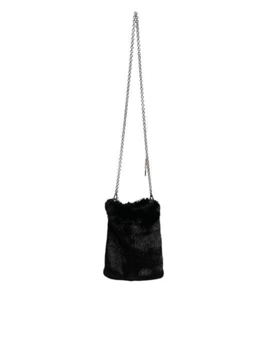 Dolce & Gabbana Dolce & Gabbana Black Faux Fur Silver Chain Crossbody Shoulder Purse Bag