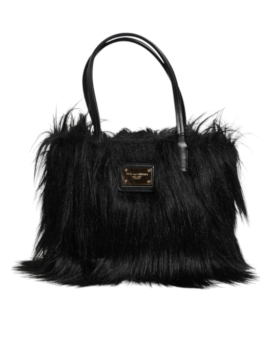 Dolce & Gabbana Dolce & Gabbana Black Fur Logo Plaque Double Handle Shoulder Bag