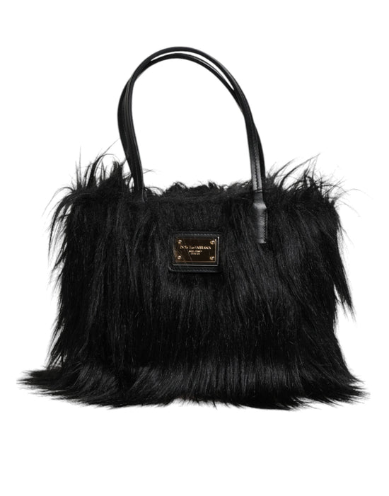 Dolce & Gabbana Dolce & Gabbana Black Fur Logo Plaque Double Handle Shoulder Bag