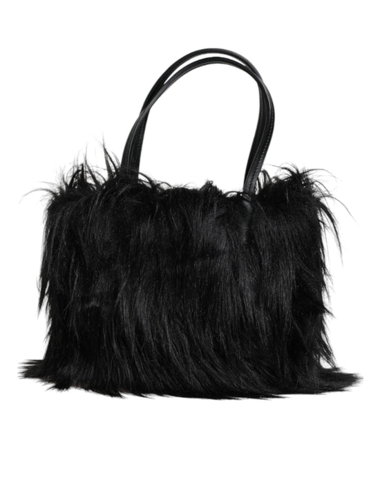 Dolce & Gabbana Dolce & Gabbana Black Fur Logo Plaque Double Handle Shoulder Bag