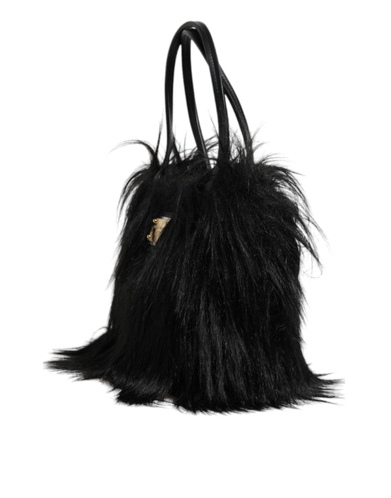 Dolce & Gabbana Dolce & Gabbana Black Fur Logo Plaque Double Handle Shoulder Bag
