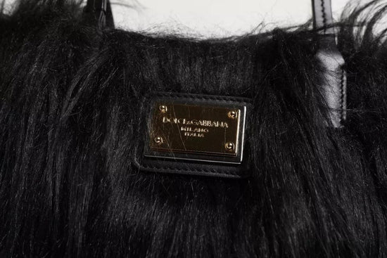 Dolce & Gabbana Dolce & Gabbana Black Fur Logo Plaque Double Handle Shoulder Bag