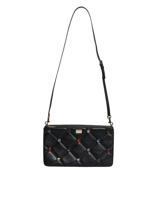 Dolce & Gabbana Dolce & Gabbana Black Leather Crystal Embellished Logo Shoulder Bag