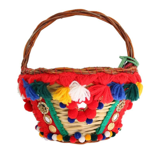 Dolce & Gabbana Dolce & Gabbana Elegant Beige Straw & Exotic Skins Pom Pom Tote