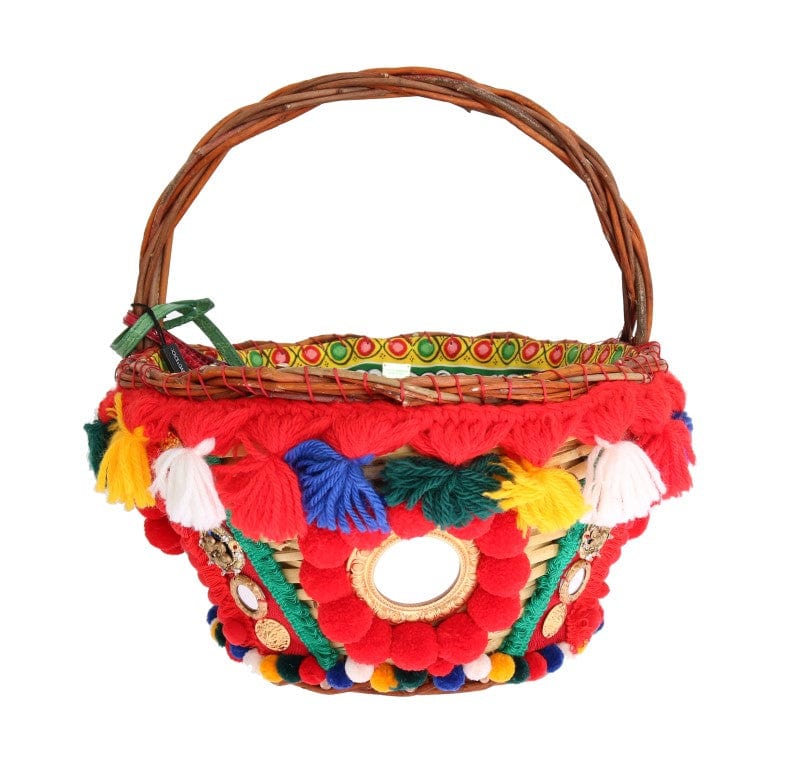 Dolce & Gabbana Dolce & Gabbana Elegant Beige Straw & Exotic Skins Pom Pom Tote