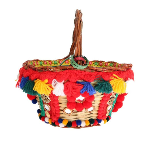 Dolce & Gabbana Dolce & Gabbana Elegant Beige Straw & Exotic Skins Pom Pom Tote
