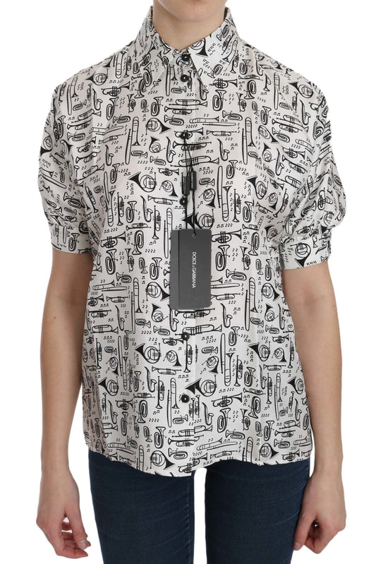 Dolce & Gabbana Dolce & Gabbana Musical Instrument Print Silk Collared Top