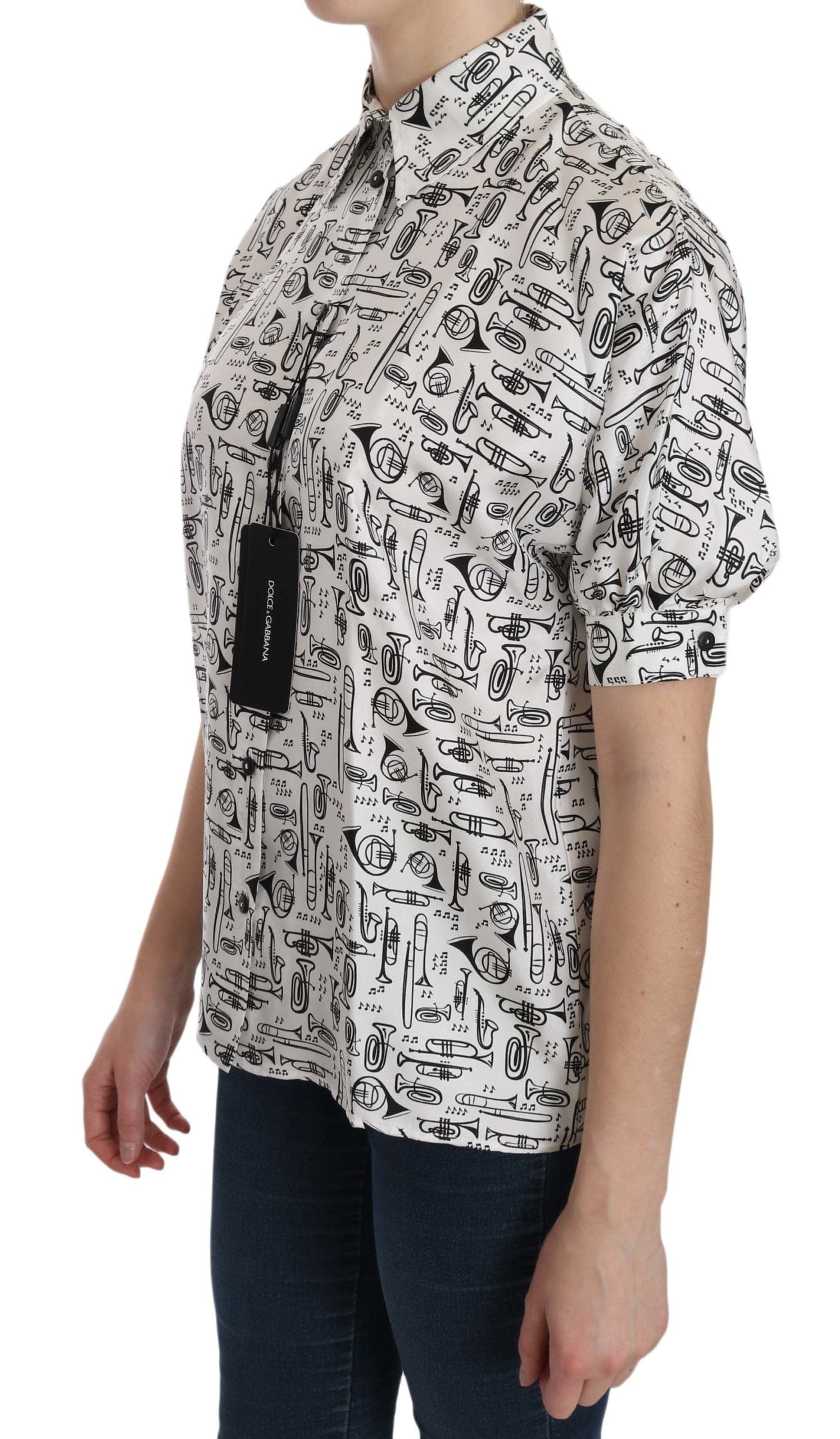 Dolce & Gabbana Dolce & Gabbana Musical Instrument Print Silk Collared Top