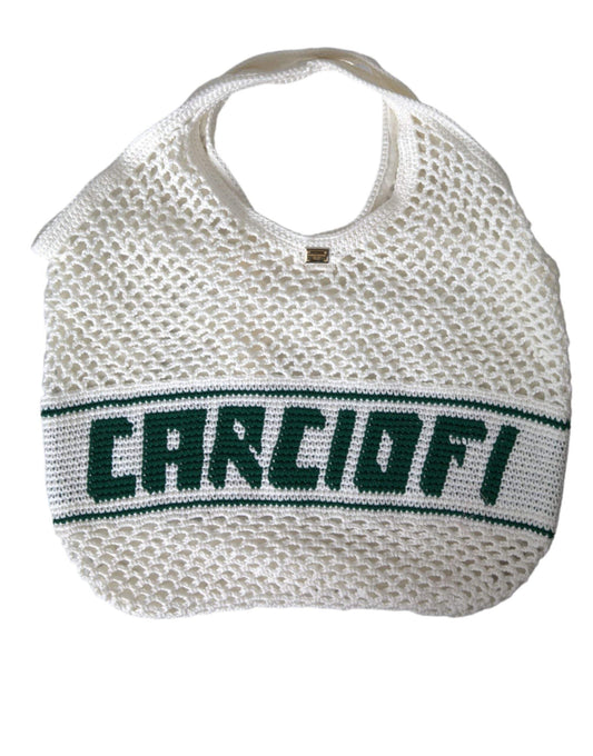 Dolce & Gabbana Dolce & Gabbana White Green Knitted Cotton Logo Shopping Tote Bag