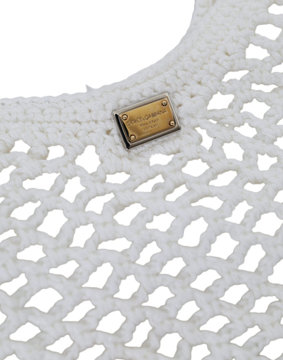 Dolce & Gabbana Dolce & Gabbana White Green Knitted Cotton Logo Shopping Tote Bag