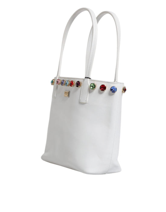 Dolce & Gabbana Dolce & Gabbana White Leather Crystal DG Logo Shoulder Tote Bag