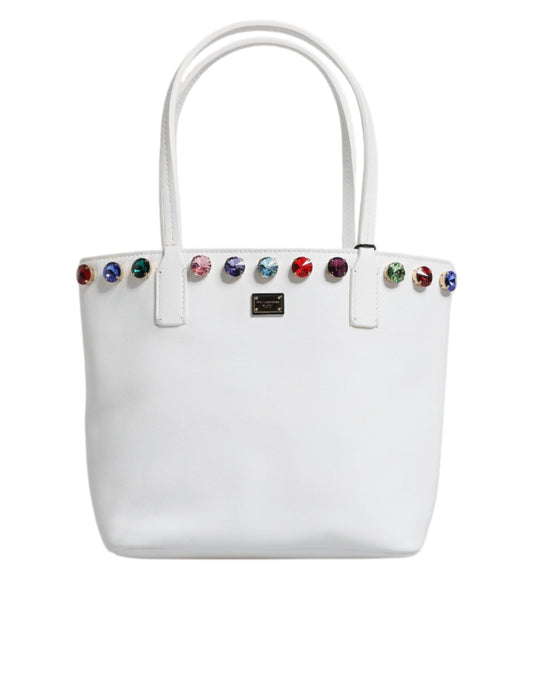 Dolce & Gabbana Dolce & Gabbana White Leather Crystal DG Logo Shoulder Tote Bag