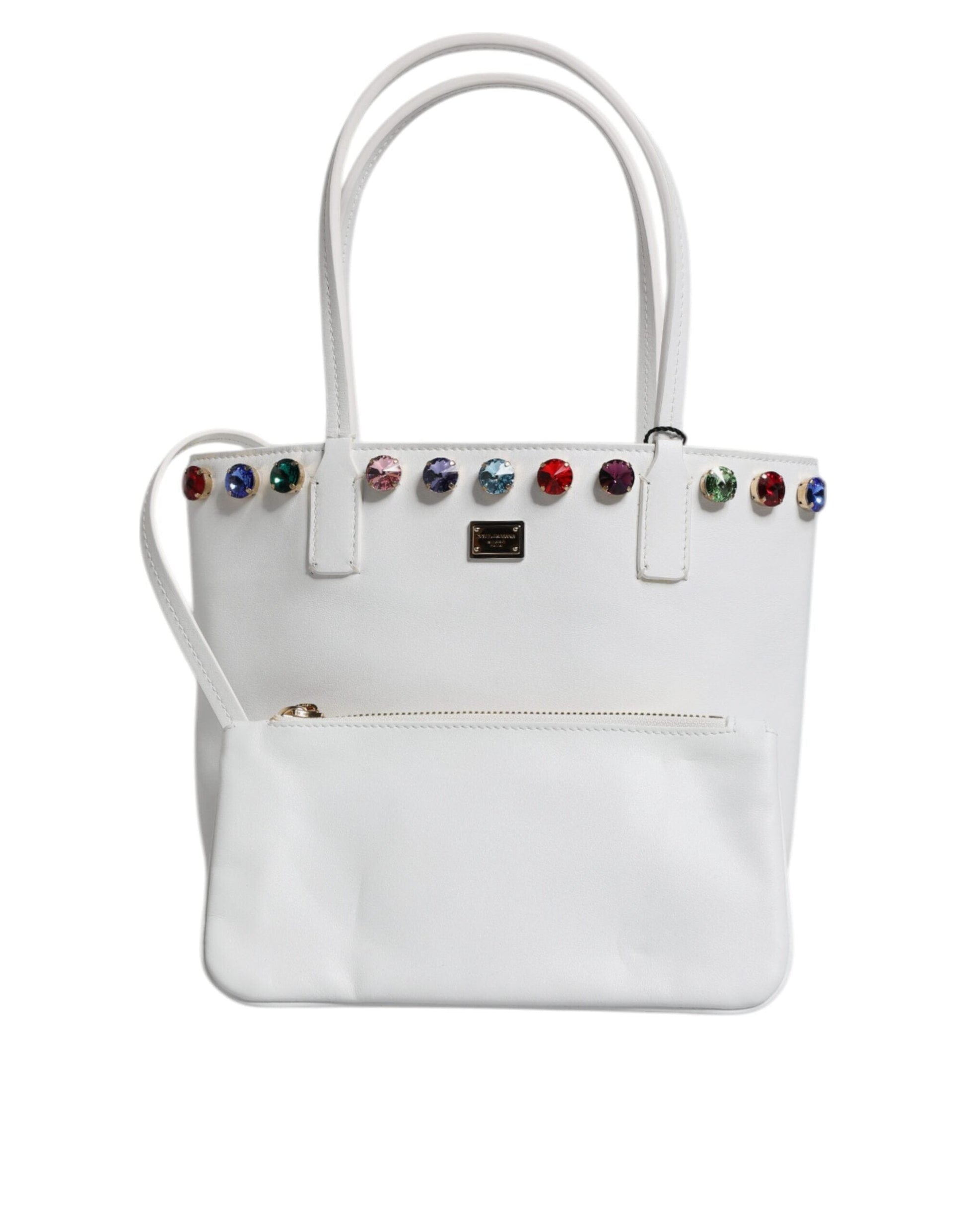 Dolce & Gabbana Dolce & Gabbana White Leather Crystal DG Logo Shoulder Tote Bag