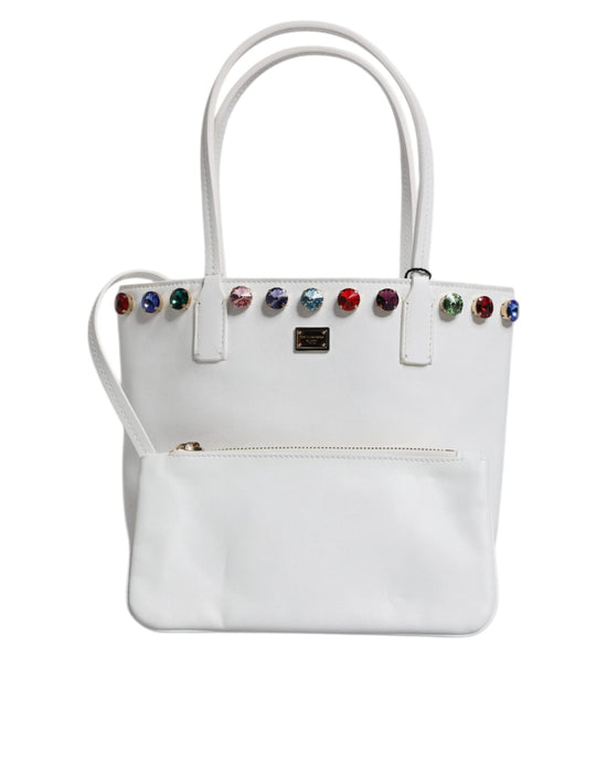 Dolce & Gabbana Dolce & Gabbana White Leather Crystal DG Logo Shoulder Tote Bag