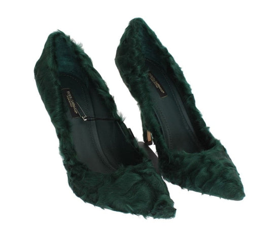Dolce & Gabbana EU40/US9.5 Dolce & Gabbana Elegant Green Xiangao Fur Leather Pumps
