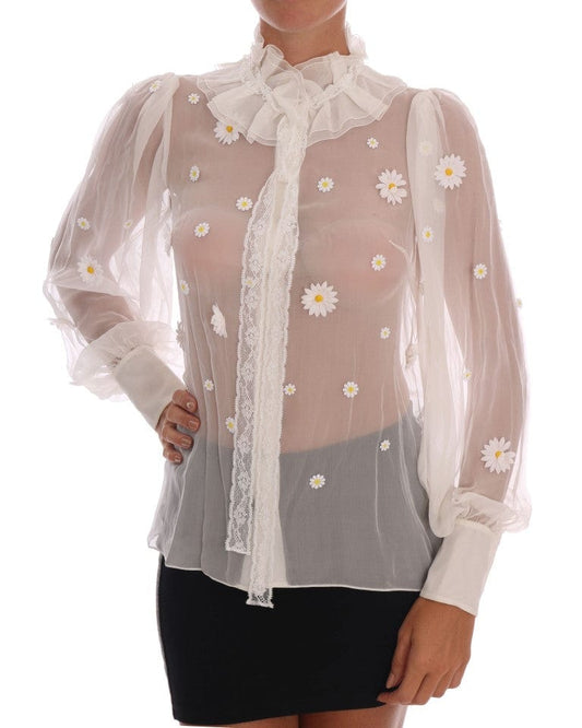 Dolce & Gabbana IT38 | S Dolce & Gabbana Elegant White Silk Daisy Blouse