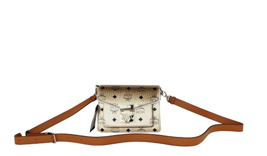 MCM MCM Signature Berlin Gold Diamond Logo Leather Mini Flap Lock Crossbody Handbag