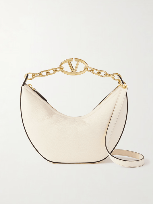 Valentino Garavani Valentino Garavani Ivory Leather Small Hobo Vlogo Shoulder Bag