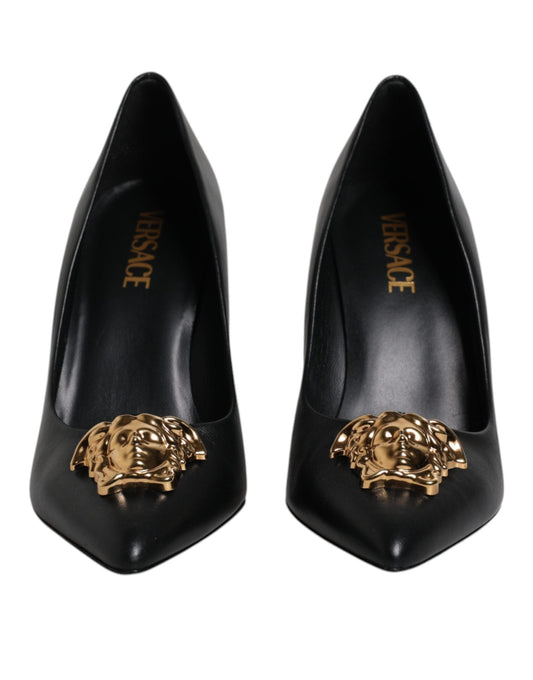 Versace Versace Black Leather Logo Plaque High Heels Pumps Shoes