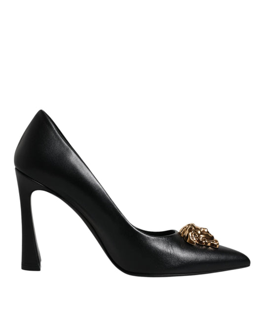 Versace Versace Black Leather Logo Plaque High Heels Pumps Shoes