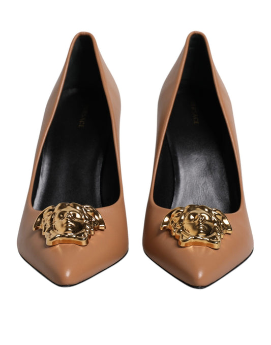 Versace Versace Brown Leather Logo Plaque High Heels Pumps Shoes