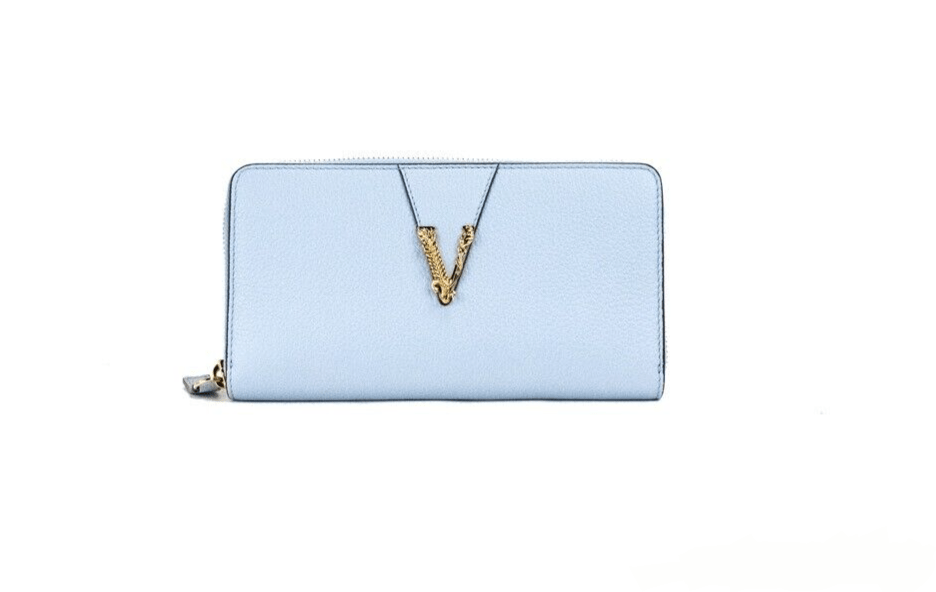 Versace Versace Large Cornflower Grainy Leather Gold Monogram Zip Around Clutch Wallet