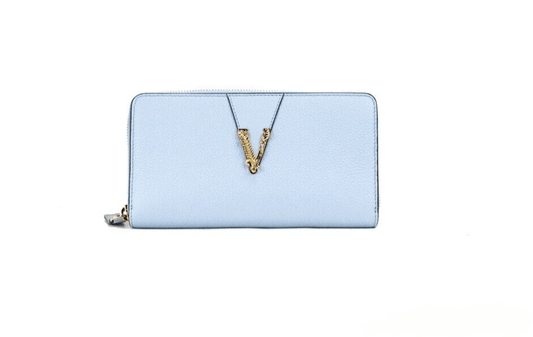 Versace Versace Large Cornflower Grainy Leather Gold Monogram Zip Around Clutch Wallet